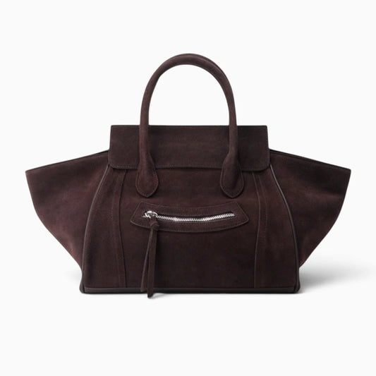 Grand sac cabas pour femme en daim Sienna de la marque Élégance Cuir, avec poignées en cuir et design spacieux.
