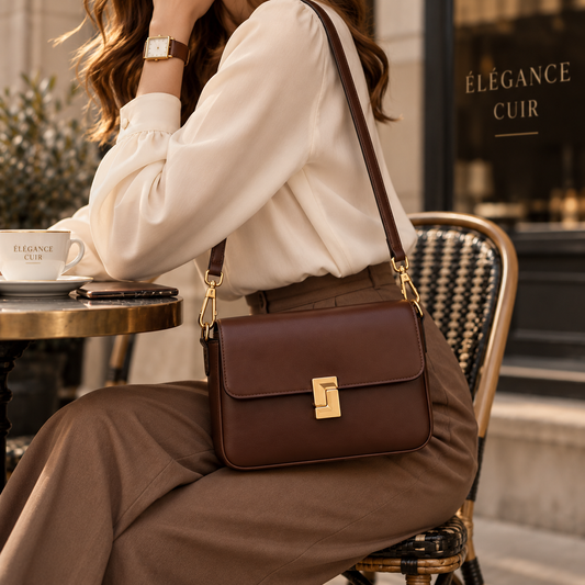 Sac Céline marron porté en bandoulière dans un café Élégance Cuir