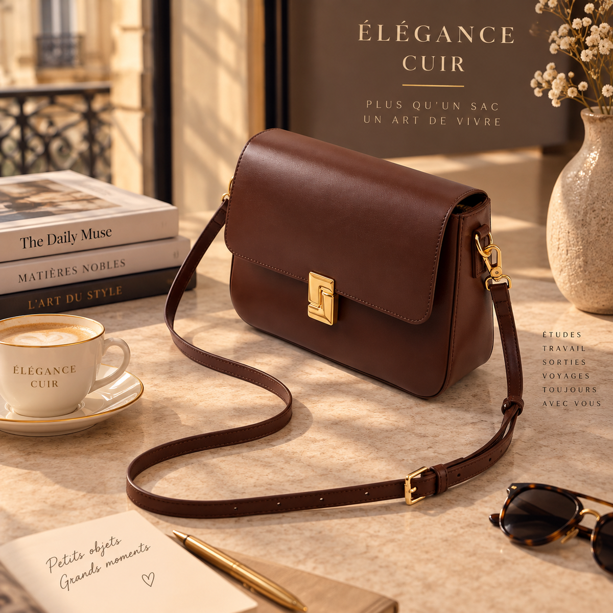 Sac Céline marron en cuir à rabat et fermoir doré