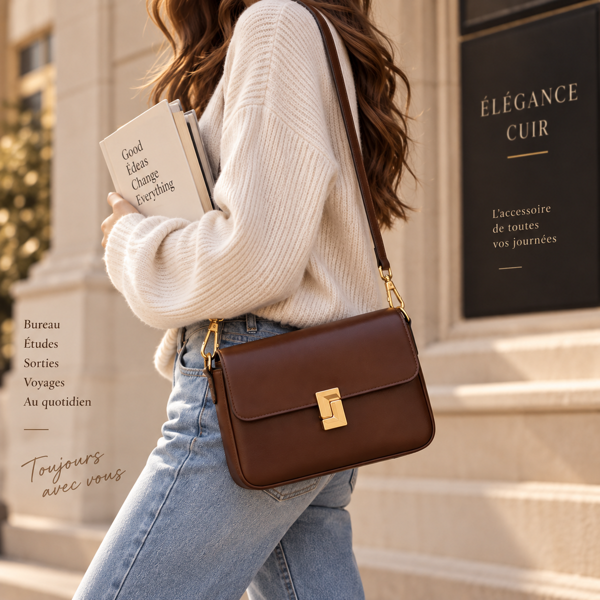 Sac Céline marron porté au quotidien avec un pull crème et un jean