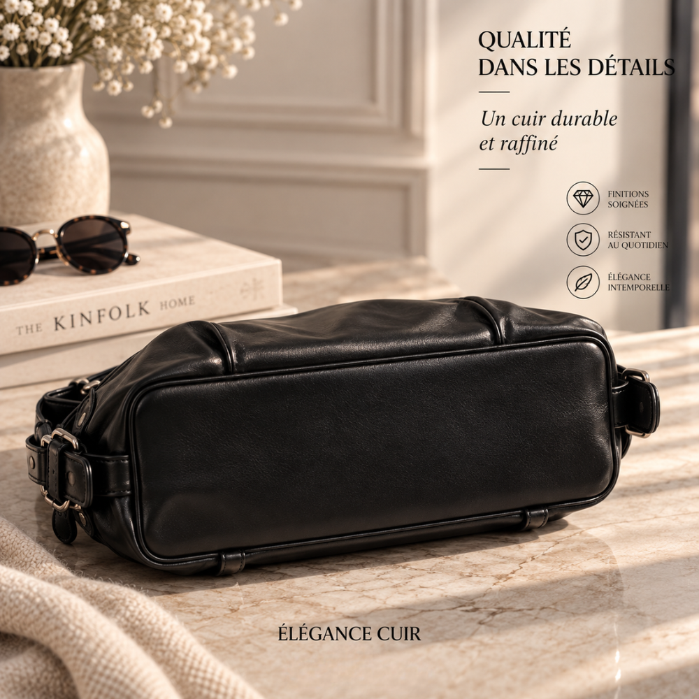 Détails en cuir du grand sac à main rétro et souple Louane de la marque Élégance Cuir, avec poignées et finition élégante.