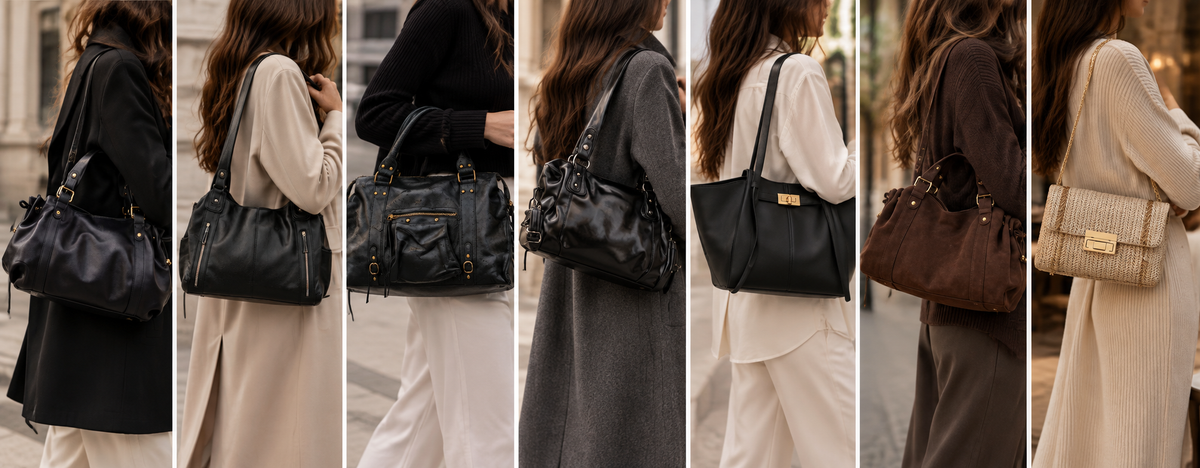 Sac à main noir souple porté à l’épaule avec un manteau noir.