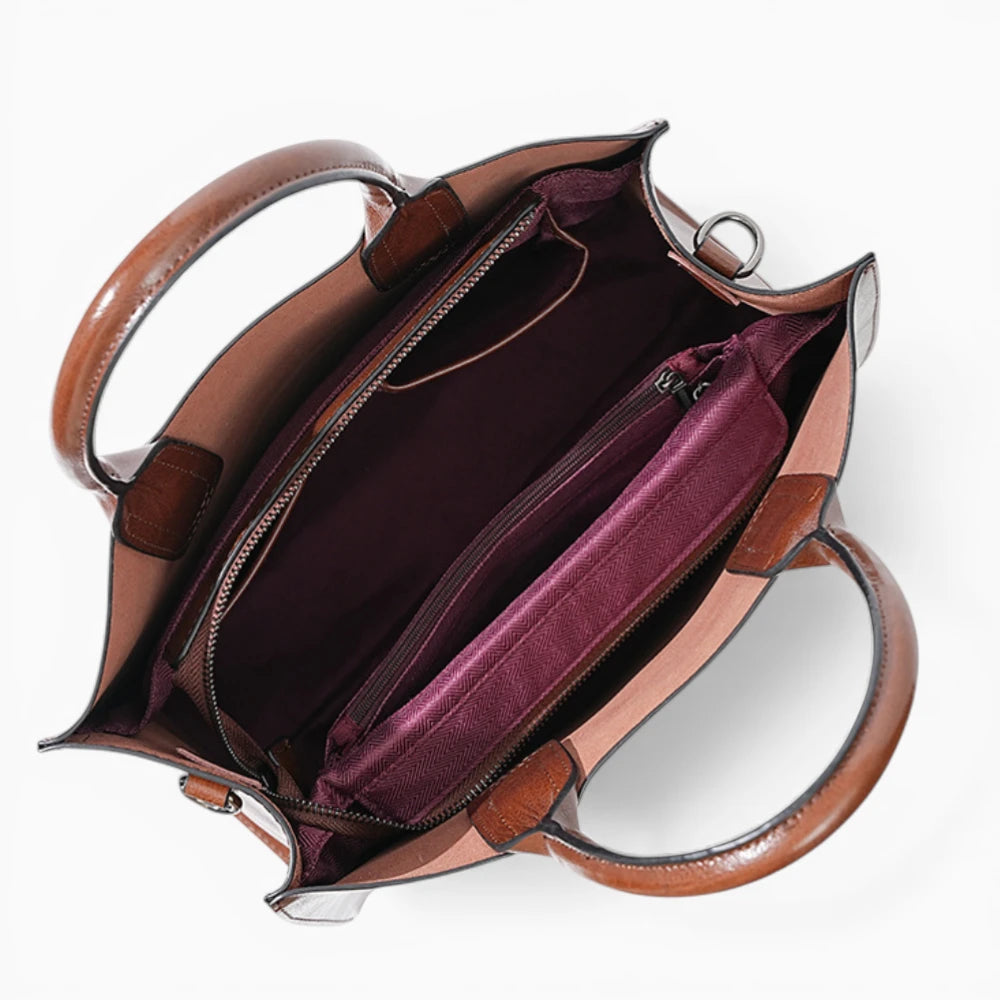 Élégance Cuir minimaliste sac ordinateur femme en cuir structuré modèle Campus Élégant, vue intérieure brun