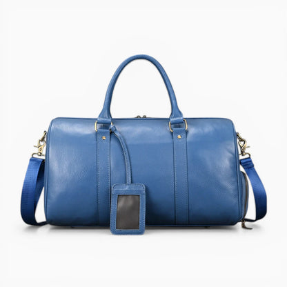 Élégant sac de voyage en cuir modèle Genève de la marque Élégance Cuir, bleu de face