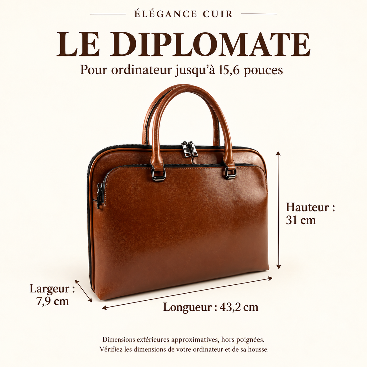 Dimensions extérieures du Diplomate : longueur 43,2 cm, hauteur 31 cm hors poignées, largeur 7,9 cm ; ordinateur jusqu’à 15,6 pouces
