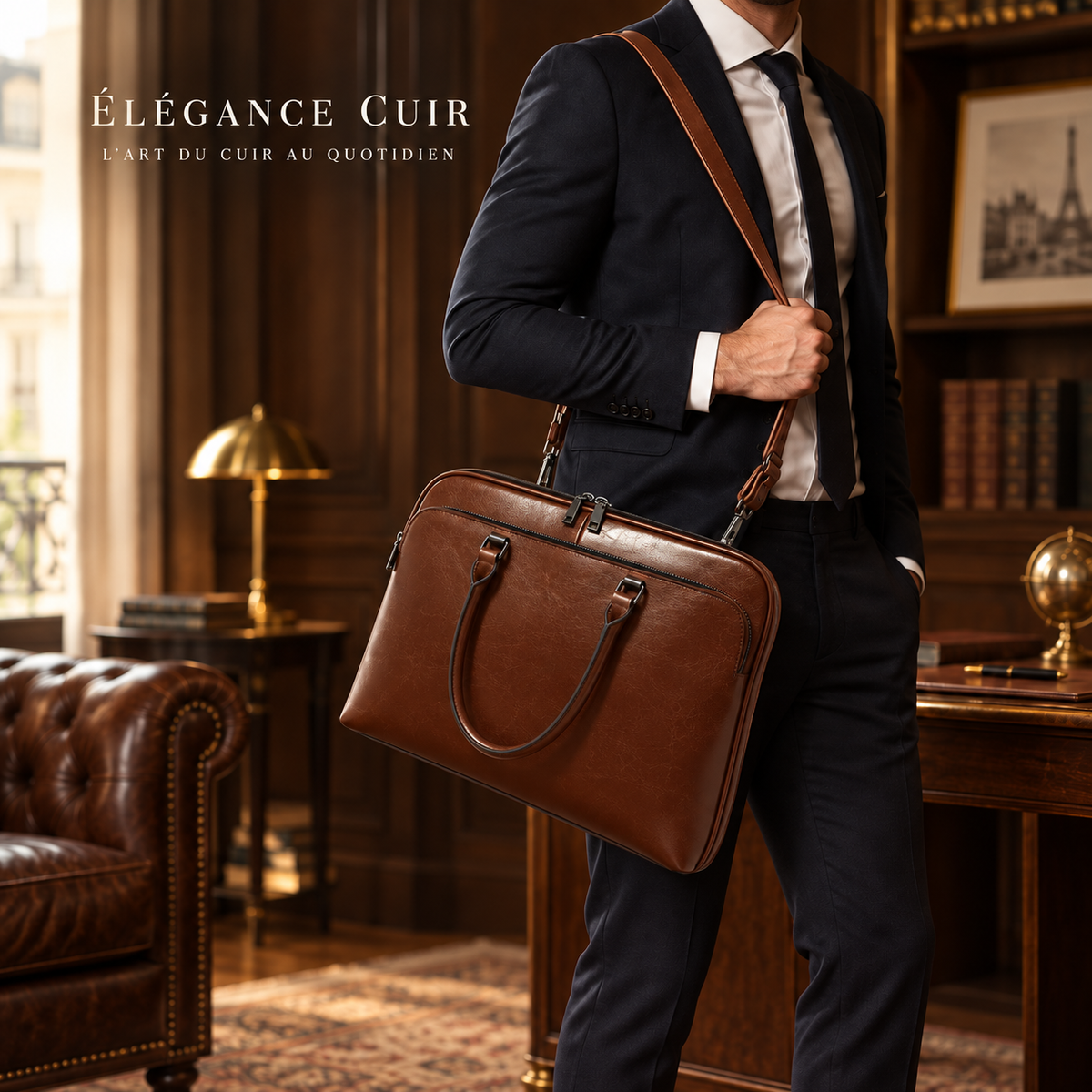 Homme portant Le Diplomate en bandoulière, cuir marron brillant assorti à la photo principale du sac