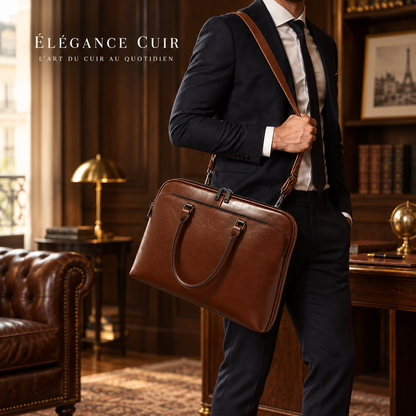 Homme portant Le Diplomate en bandoulière, cuir marron brillant assorti à la photo principale du sac