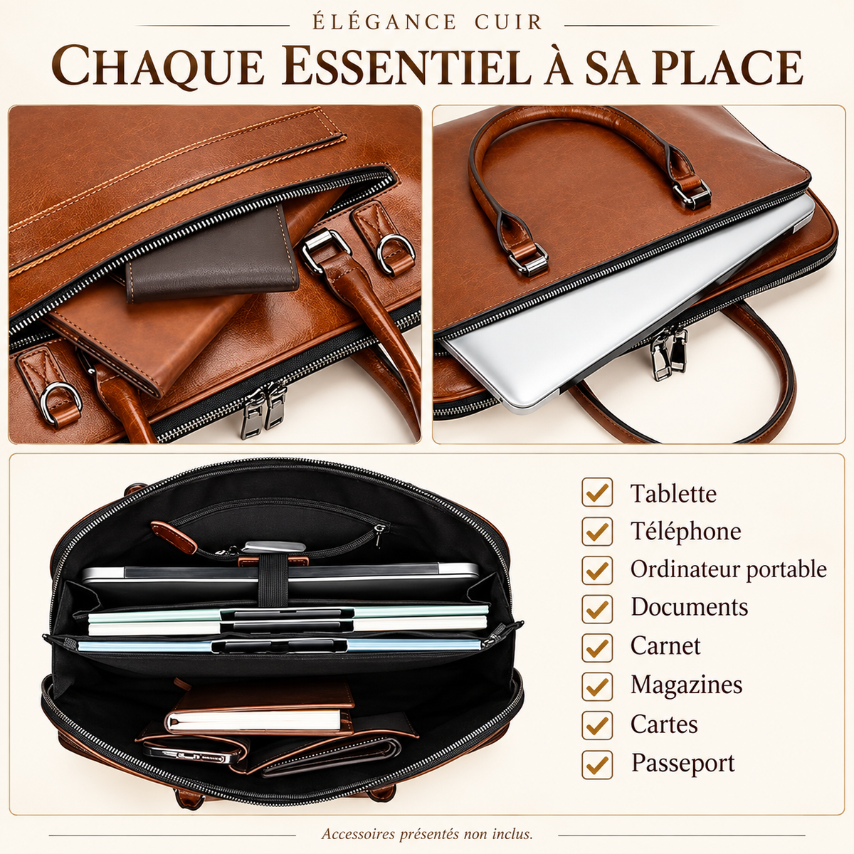 Rangements du sac ordinateur Le Diplomate : compartiment ordinateur, poches et séparation zippée, légendes en français
