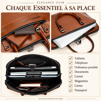 Rangements du sac ordinateur Le Diplomate : compartiment ordinateur, poches et séparation zippée, légendes en français