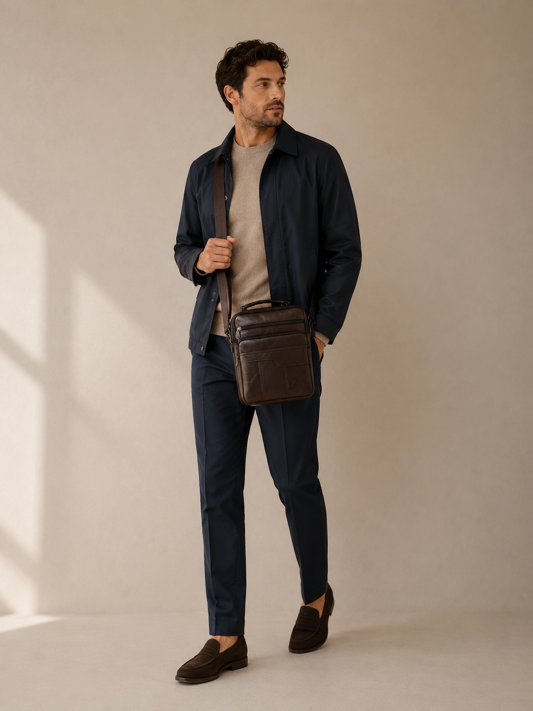 Sacoche en cuir verticale Élégance Cuir portée par un mannequin, élégante et moderne, idéale pour un style chic et pratique.