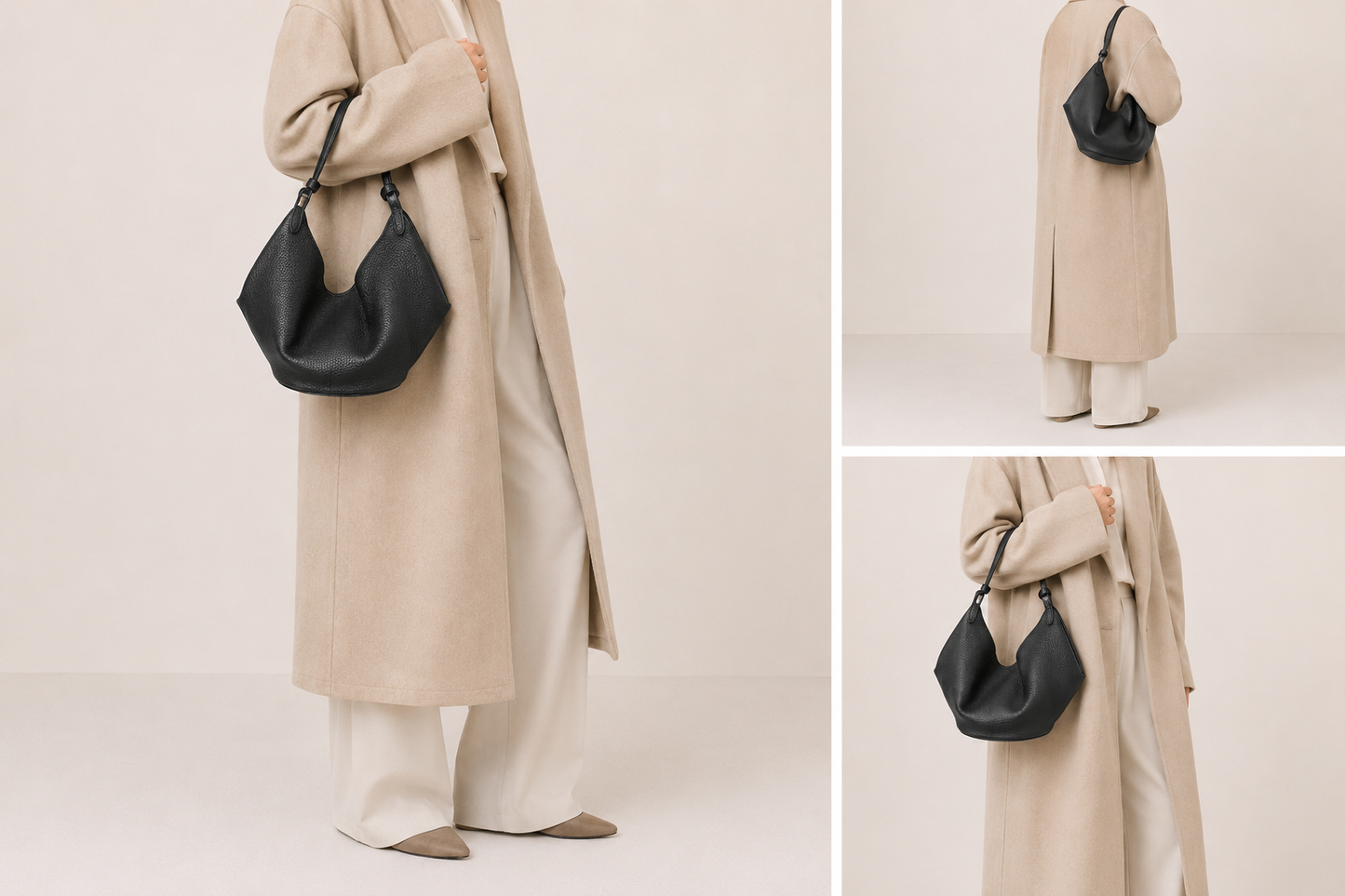 Sac hobo souple en cuir Amaya porté par un mannequin, élégant et pratique, de la marque Élégance Cuir.