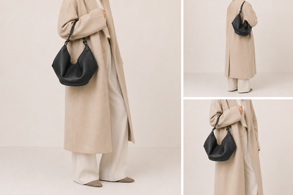 Sac hobo souple en cuir Amaya porté par un mannequin, élégant et pratique, de la marque Élégance Cuir.