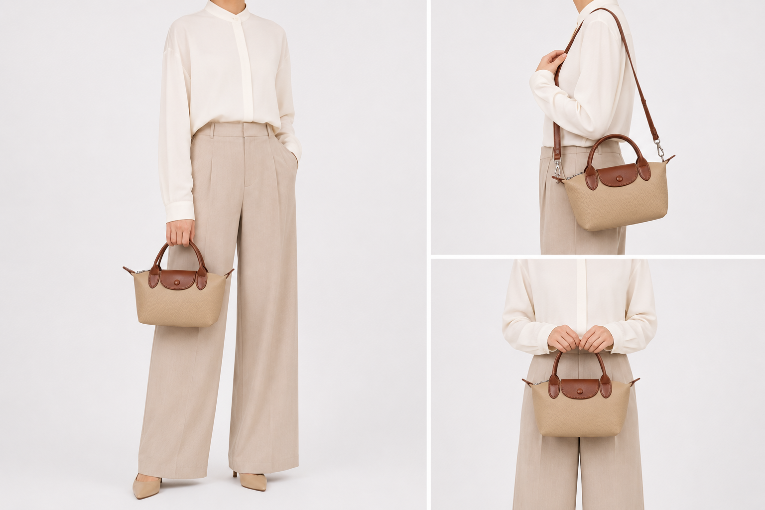 Sac bandoulière en cuir compact Anaïs d'Élégance Cuir porté par un mannequin, avec poches extérieures et finition élégante.