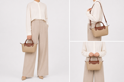 Sac bandoulière en cuir compact Anaïs d'Élégance Cuir porté par un mannequin, avec poches extérieures et finition élégante.