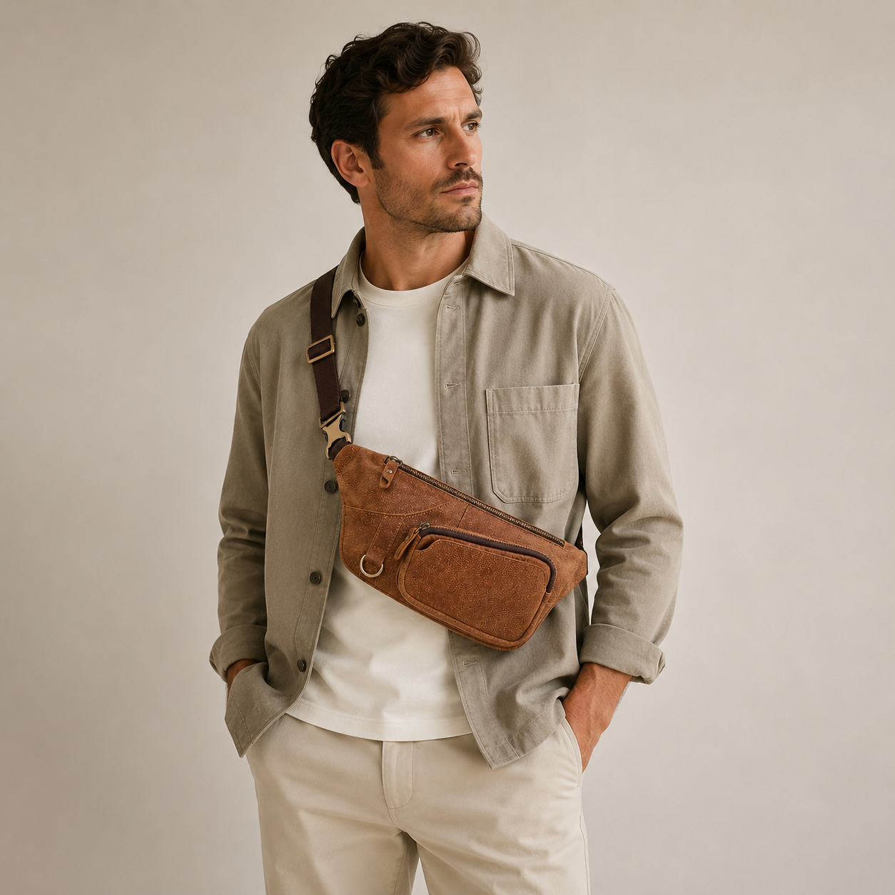 Sacoche en cuir Atlas d'Élégance Cuir portée par un mannequin, avec poches zippées pour un style pratique et élégant.