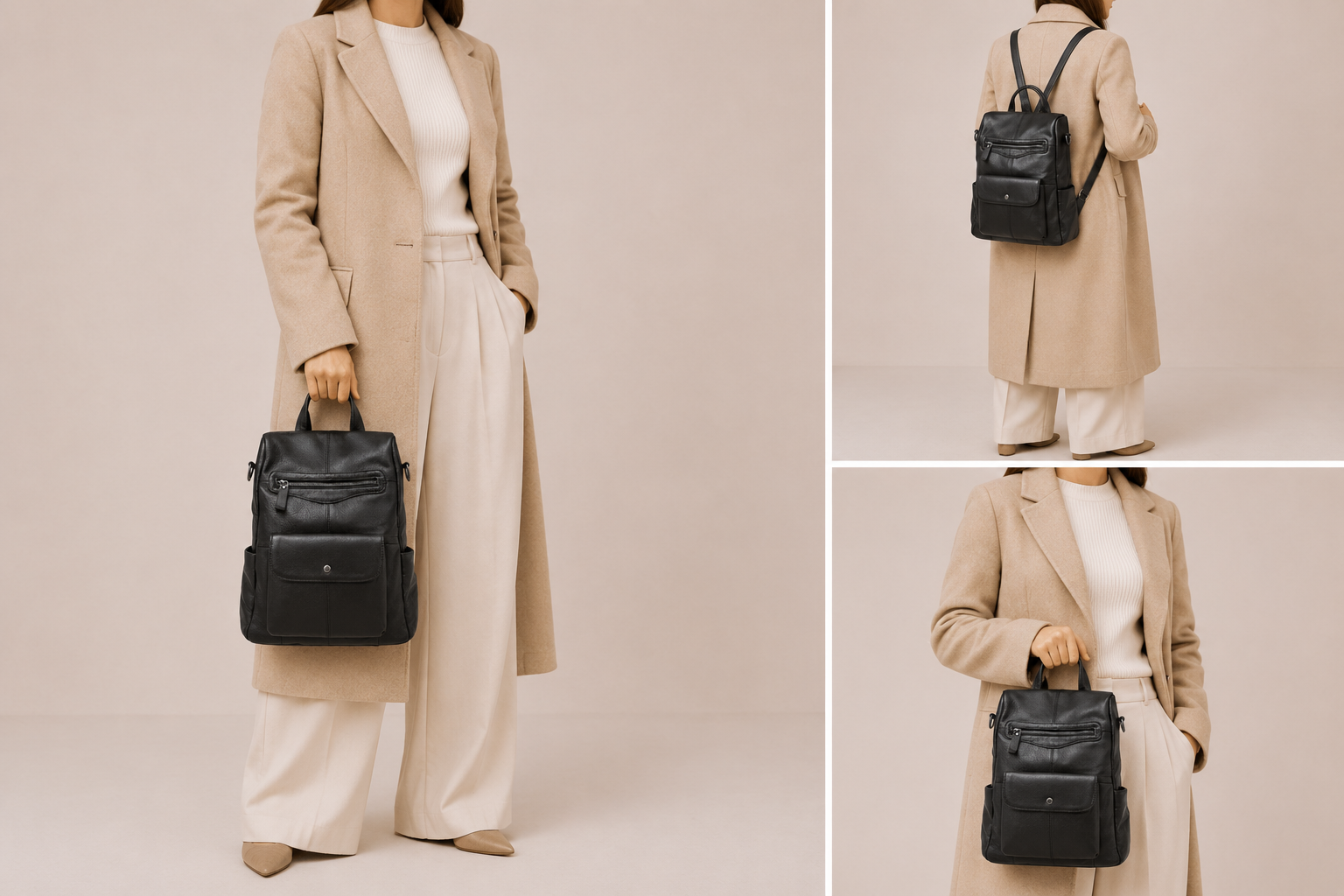 Sac à dos en cuir Élégance Cuir Aurore avec plusieurs poches, porté par un mannequin, élégant et pratique.