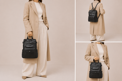 Sac à dos en cuir Élégance Cuir Aurore avec plusieurs poches, porté par un mannequin, élégant et pratique.