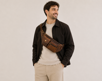 Sacoche en cuir multifonctions Élégance Cuir portée par un mannequin, avec plusieurs poches pour accessoires et style élégant.