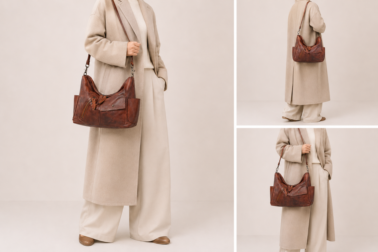Sac en cuir Belle Époque avec poches extérieures porté par un mannequin, de la marque Élégance Cuir, style élégant et sophistiqué.