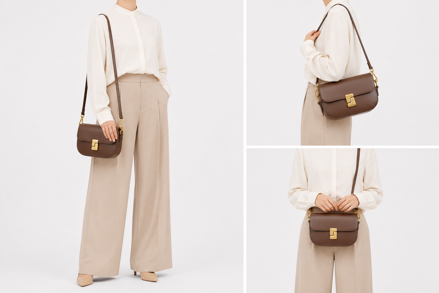 Sac bandoulière en cuir Camille porté par un mannequin, élégant et sophistiqué, de la marque Élégance Cuir.