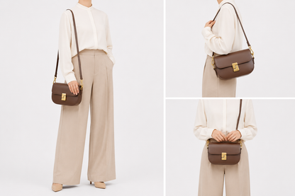Sac bandoulière en cuir Camille porté par un mannequin, élégant et sophistiqué, de la marque Élégance Cuir.