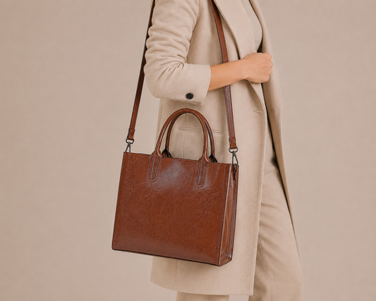 Sac ordinateur en cuir structuré de style campus Élégance Cuir porté par un mannequin, design élégant et pratique.