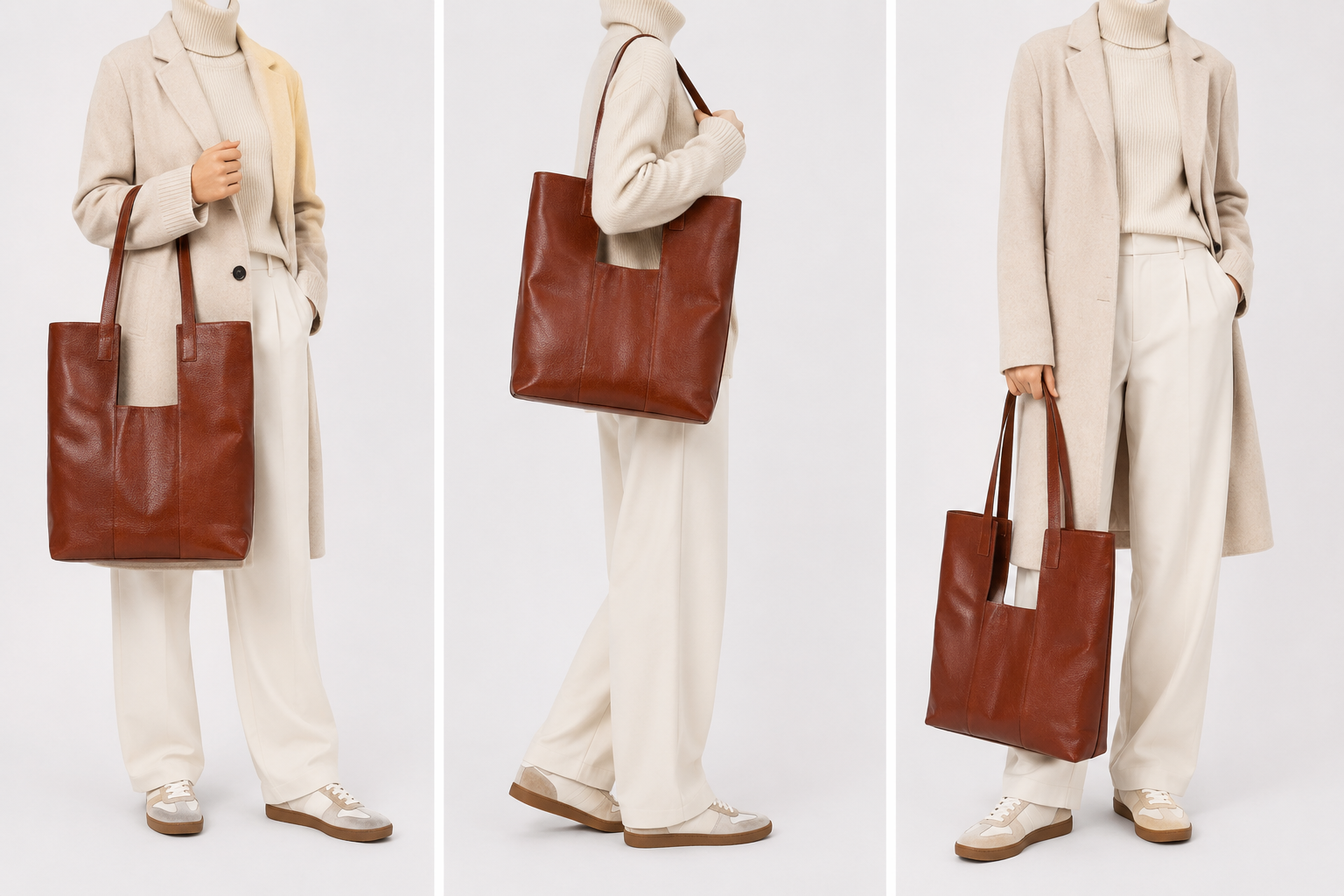 Sac cabas en cuir minimaliste Élégance Cuir porté par un mannequin, avec design épuré et finition élégante.