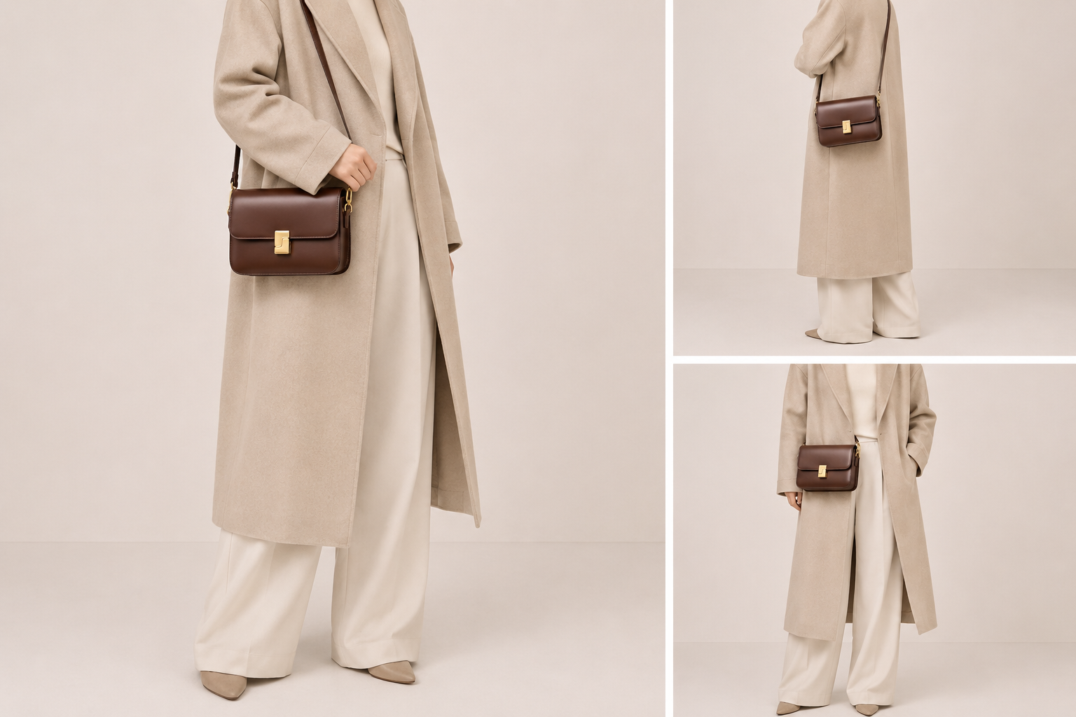 Sac bandoulière en cuir à rabat Céline porté par un mannequin, élégant et sophistiqué, de la marque Élégance Cuir.