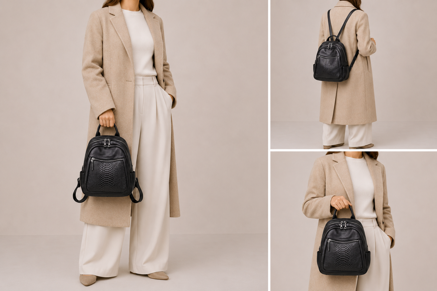Sac à dos en cuir Chantilly d'Élégance Cuir avec poche zippée, porté par un mannequin, élégant et pratique.
