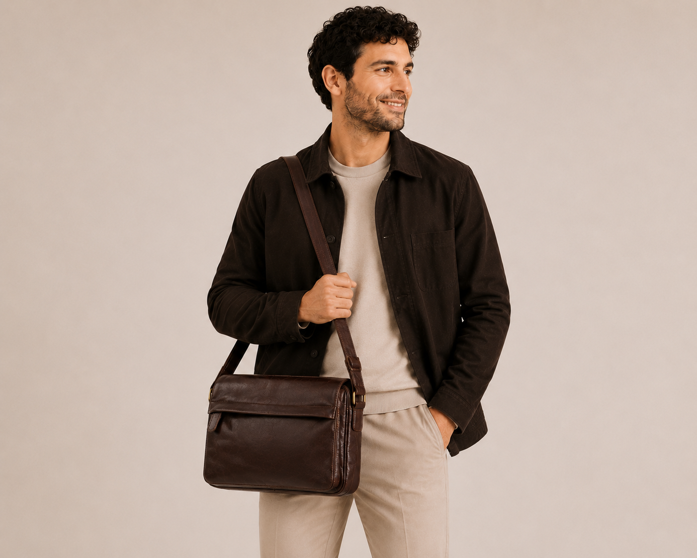 Sac ordinateur en cuir Élégance Cuir, modèle Le Citadin, porté en bandoulière sur un mannequin élégant.