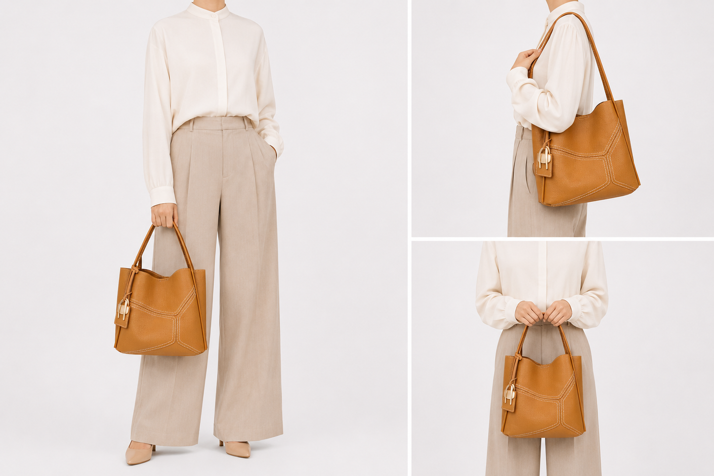 Sac bandoulière en cuir structuré Clémence porté par un mannequin, sac élégant et moderne de la marque Élégance Cuir.