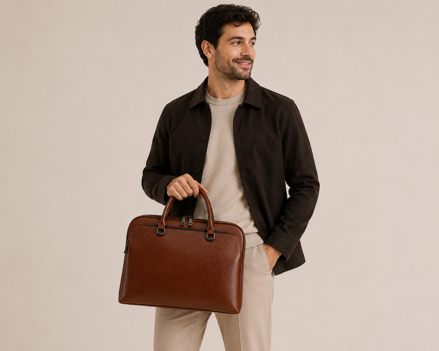 Sac ordinateur en cuir double poignée Le Diplomate d'Élégance Cuir, porté par un mannequin, avec design élégant et finition raffinée.