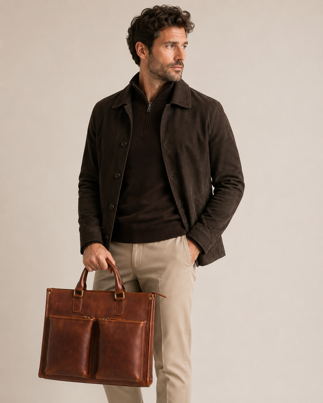 Mannequin portant un sac ordinateur en cuir grande capacité Élégance Cuir, design élégant pour professionnel.