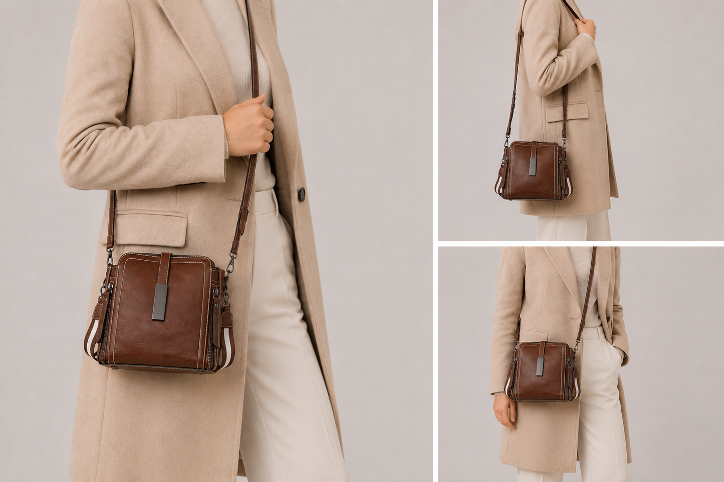 Sac bandoulière en cuir Élégance Cuir Elise porté par un mannequin, avec finition élégante et design sophistiqué.