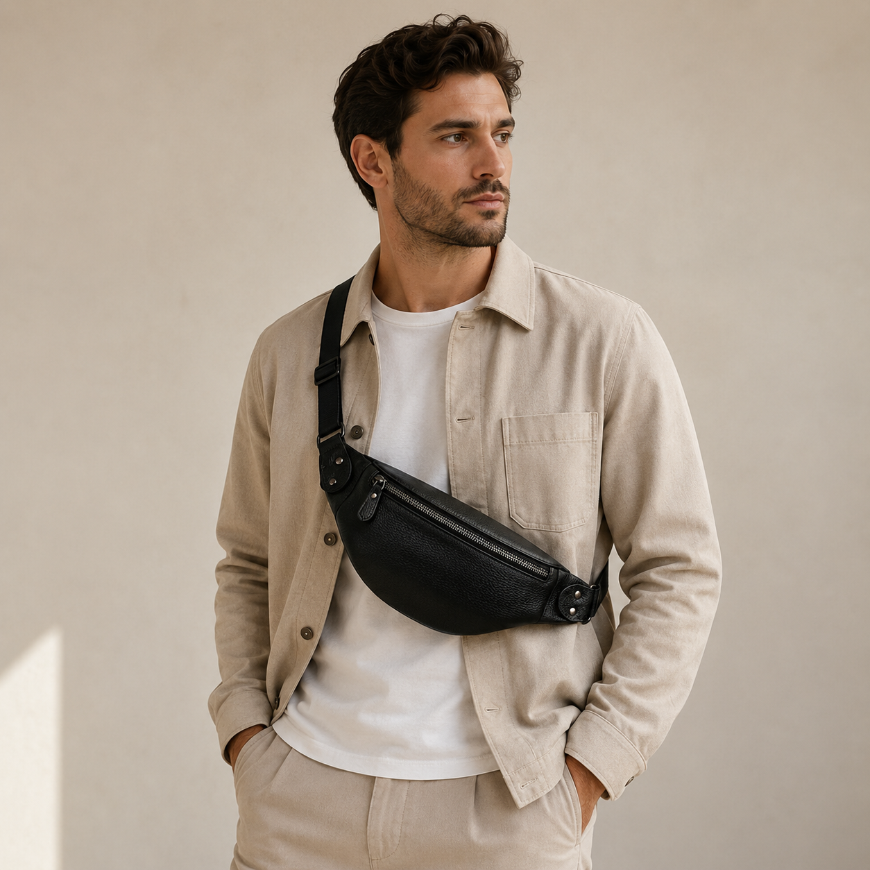 Sacoche en cuir Horizon de la marque Élégance Cuir portée par un mannequin, format ceinture, avec fermeture et détails en cuir élégant.