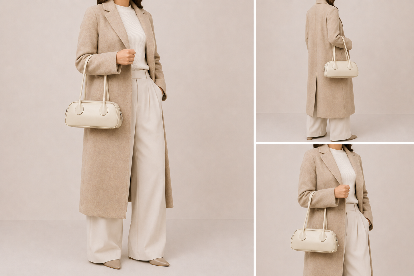 Sac en cuir allongé structuré L’Impériale d’Élégance Cuir porté par un mannequin, avec poignée élégante et design sophistiqué.