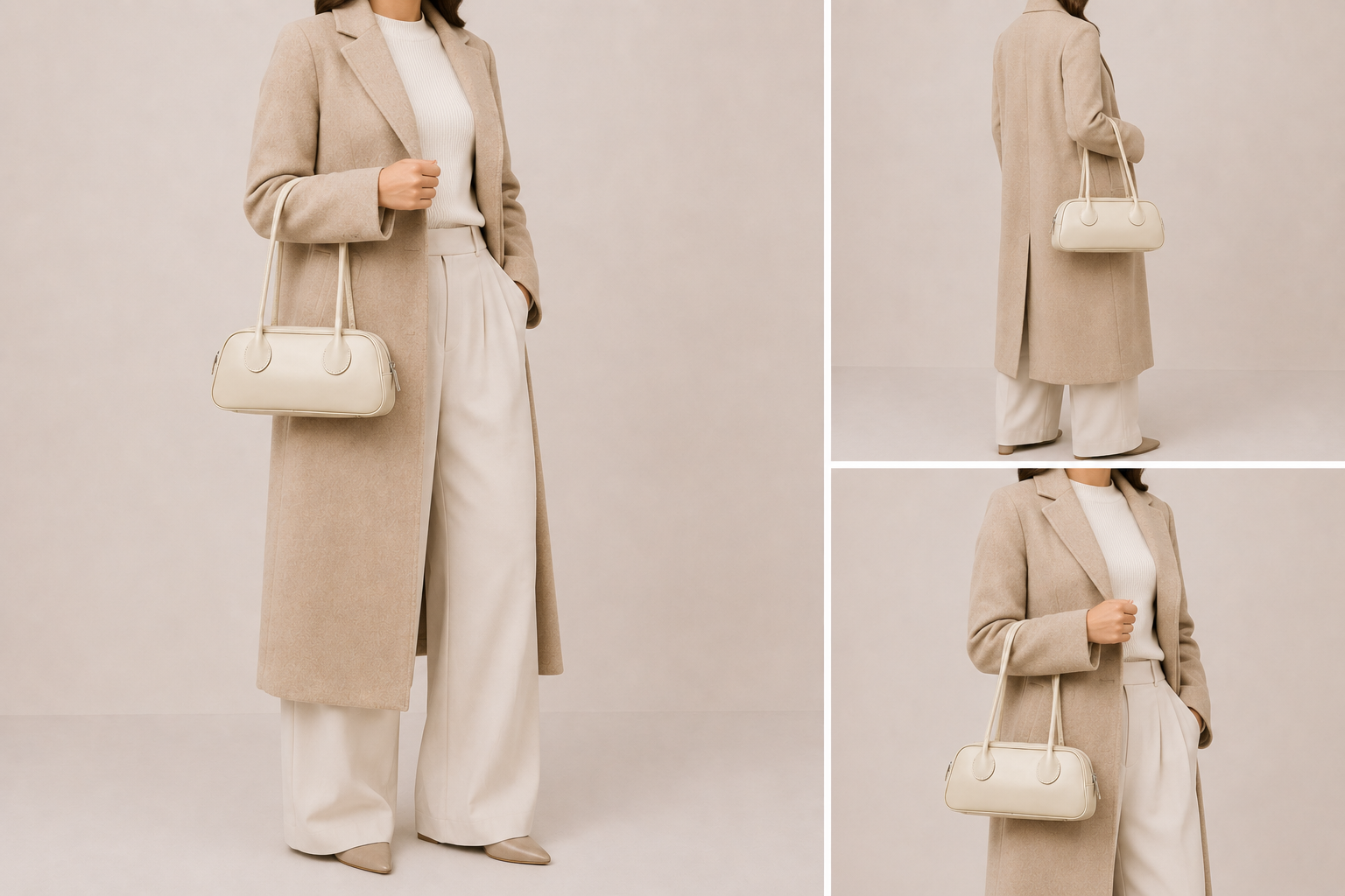 Sac en cuir allongé structuré L’Impériale d’Élégance Cuir porté par un mannequin, avec poignée élégante et design sophistiqué.