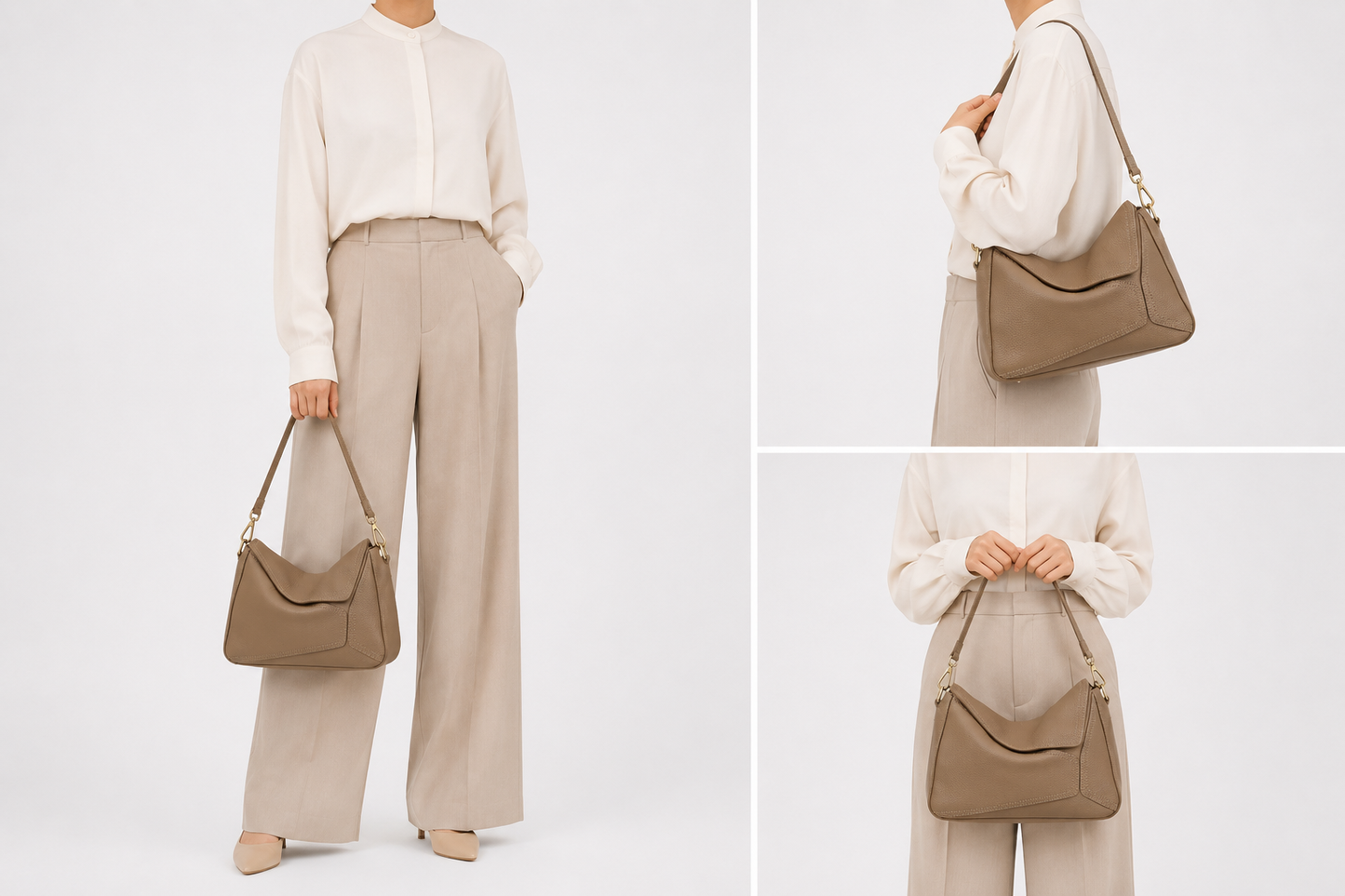 Sac bandoulière en cuir marron avec finition élégante porté par un mannequin, modèle Juliette de la marque Élégance Cuir.