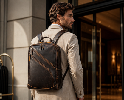 Sac à dos en cuir pour affaires L’Empreinte porté par un mannequin, sac élégant et pratique pour un style professionnel.