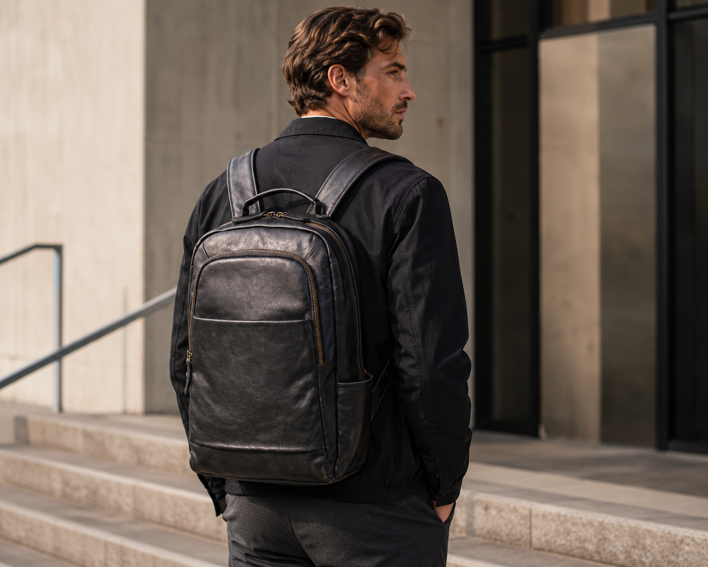 Sac à dos en cuir professionnel L’Honneur d'Élégance Cuir porté par un mannequin, avec compartiments élégants et design sophistiqué.