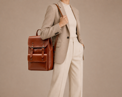 Sac à dos ordinateur en cuir Élégance Cuir porté par un mannequin, design élégant et pratique pour le quotidien.
