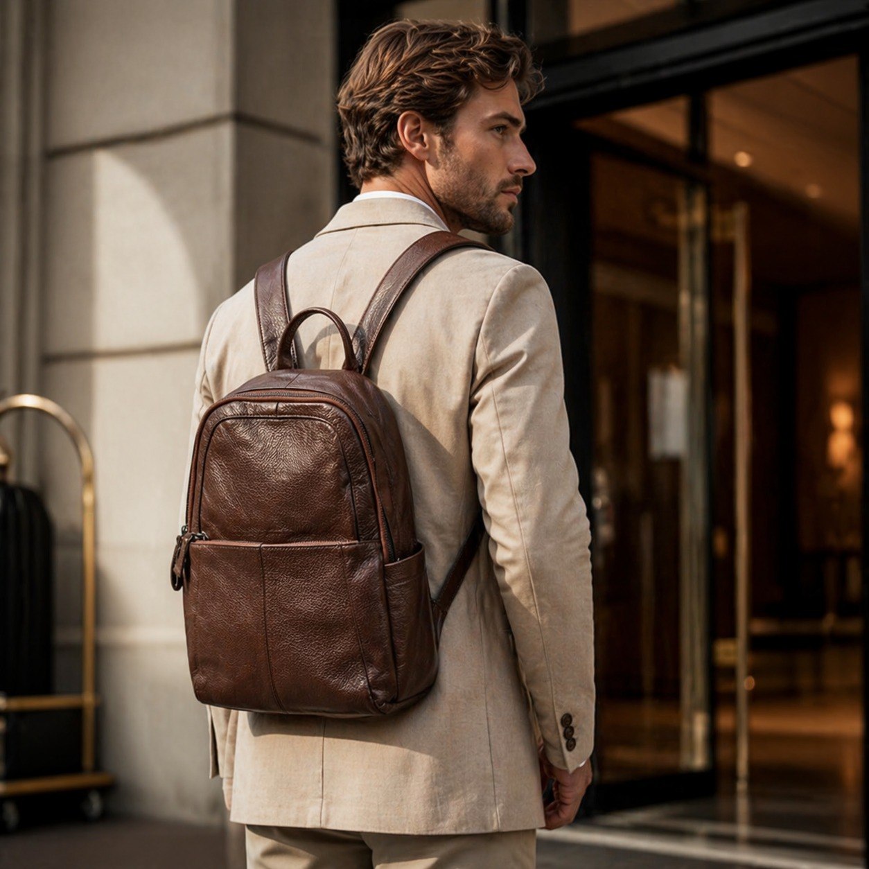 Sac à dos en cuir vintage Fondateur porté par un mannequin, élégant et classique de la marque Élégance Cuir.