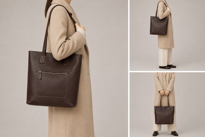 Sac cabas en cuir chic Lille de la marque Élégance Cuir porté par un mannequin, mettant en valeur sa design élégant et sophistiqué.