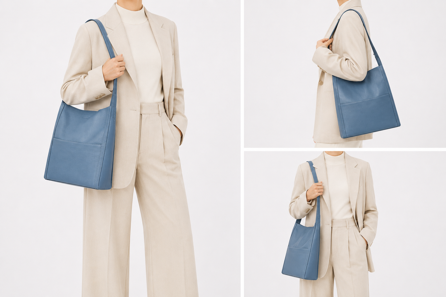 Sac cabas souple en cuir Lyon d'Élégance Cuir porté par un mannequin, avec poignées et design élégant.