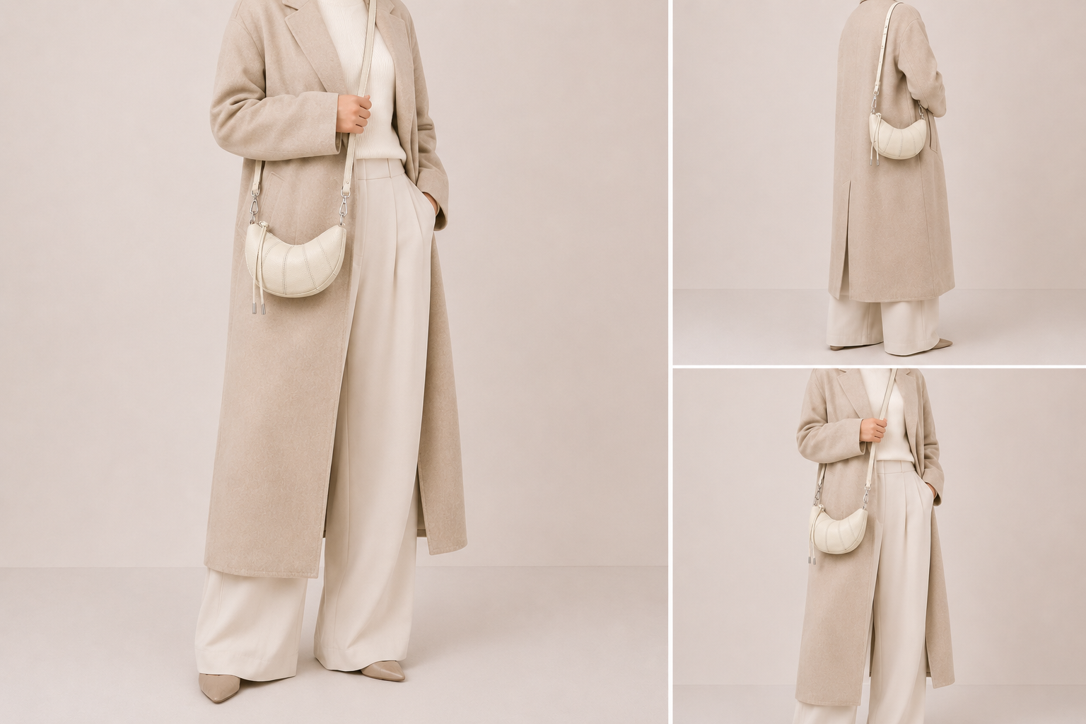 Sac en cuir demi-lune Mademoiselle d'Élégance Cuir porté par un mannequin, avec poignée en cuir et fermeture élégante.