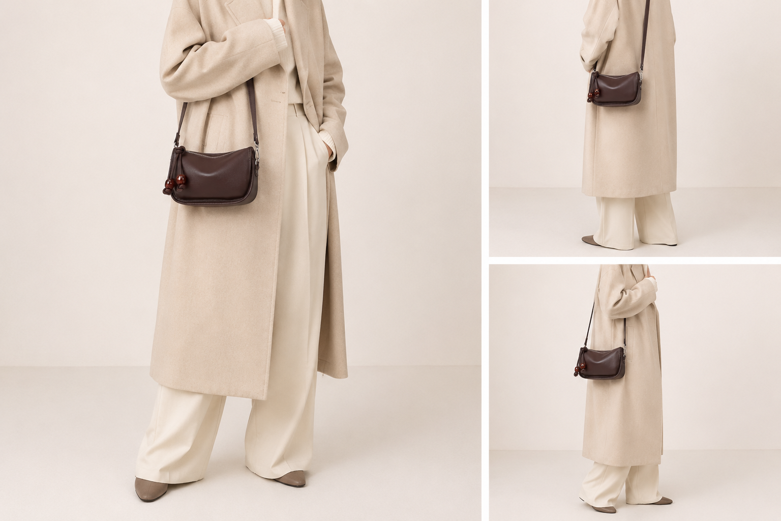 Sac bandoulière en cuir compact Manon sur mannequin, élégant et sophistiqué, fabriqué par Élégance Cuir.