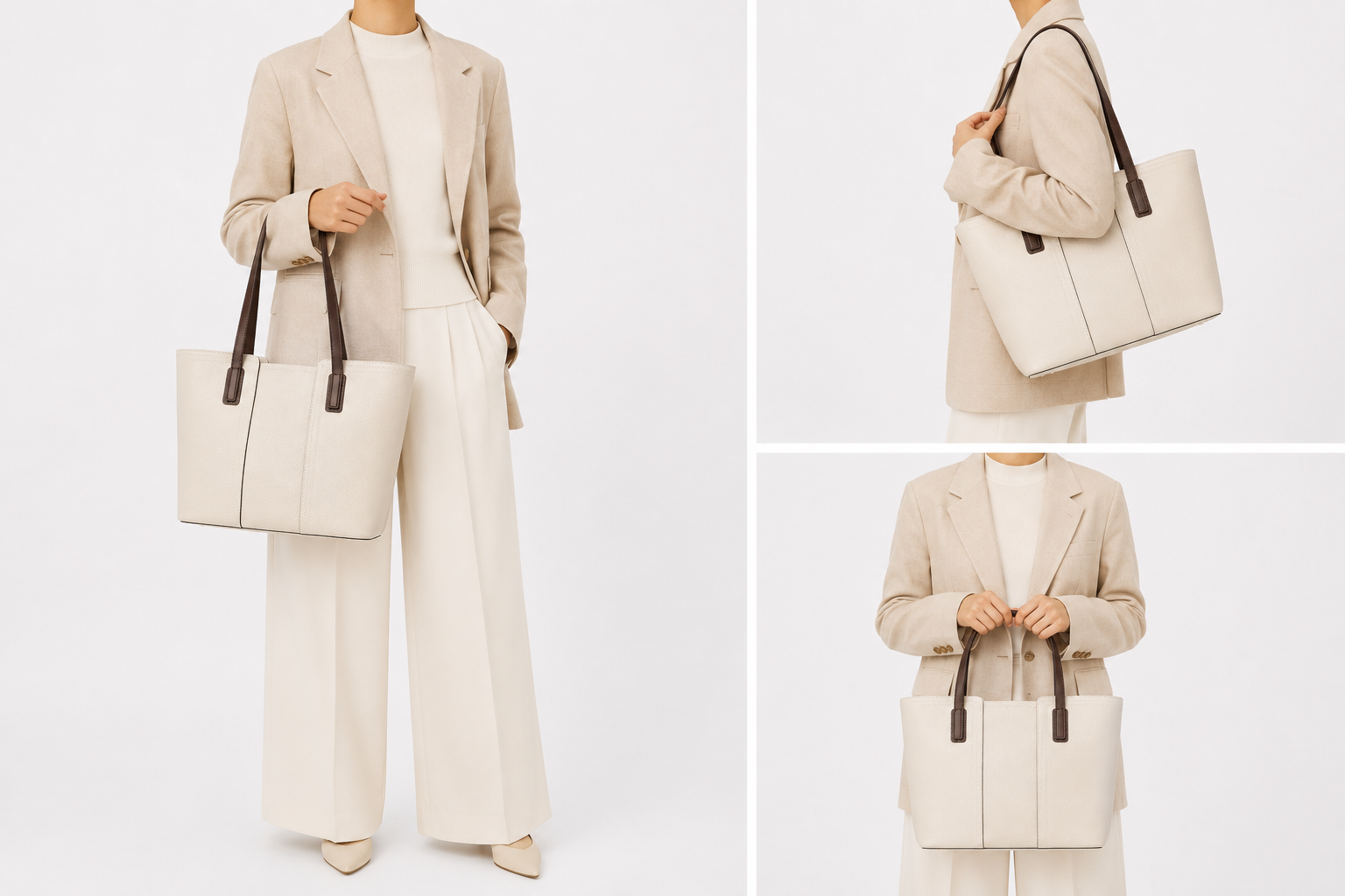 Sac cabas horizontal Monaco en cuir par Élégance Cuir porté par un mannequin, avec poignées et design élégant.