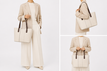 Sac cabas horizontal Monaco en cuir par Élégance Cuir porté par un mannequin, avec poignées et design élégant.