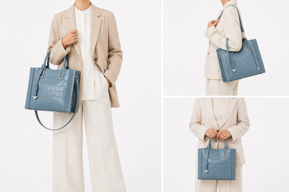 Sac cabas en cuir Nantes par Élégance Cuir porté par un mannequin, avec poignées en cuir et design élégant.