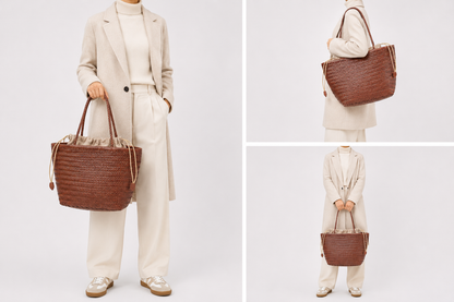 Sac cabas en cuir structuré de la marque Élégance Cuir porté par un mannequin, couleur élégante et design sophistiqué.